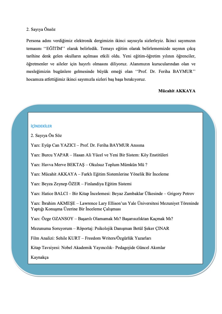Persona · Sayı 2 · Eğitim